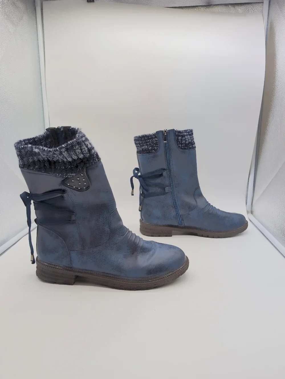 Women's Sz 10 Blue Knit-Top Mid-Calf Snow Boots